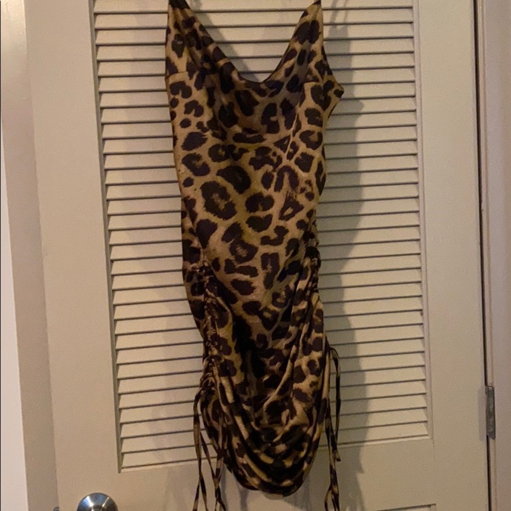 ruched satin leopard print dress